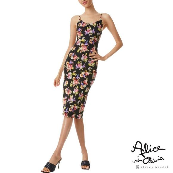 alice + olivia **NWT** Delora Black Magnolia Floral Print Fitted  Midi D… - Picture 5 of 13